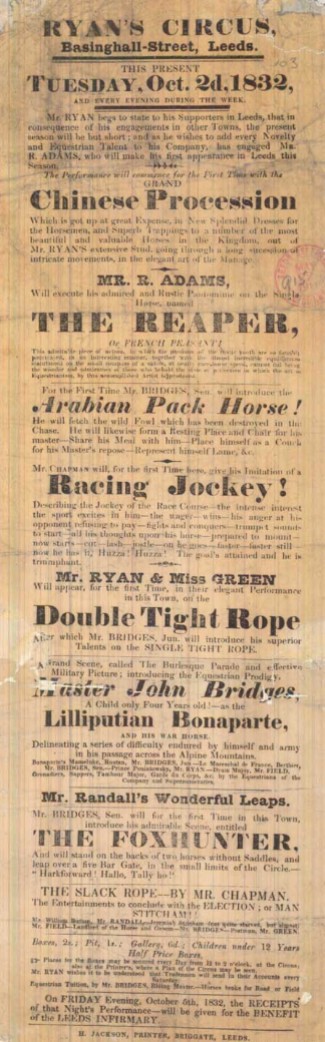 Three playbills, all showing Ryan's Royal Equestrian Circus during its performance in Basinghall Street